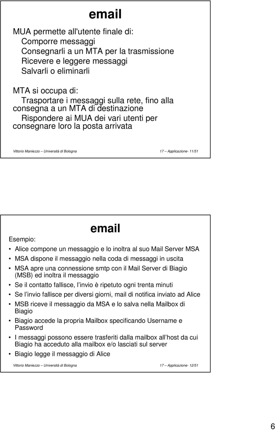Alice compone un messaggio e lo inoltra al suo Mail Server MSA MSA dispone il messaggio nella coda di messaggi in uscita MSA apre una connessione smtp con il Mail Server di Biagio (MSB) ed inoltra il