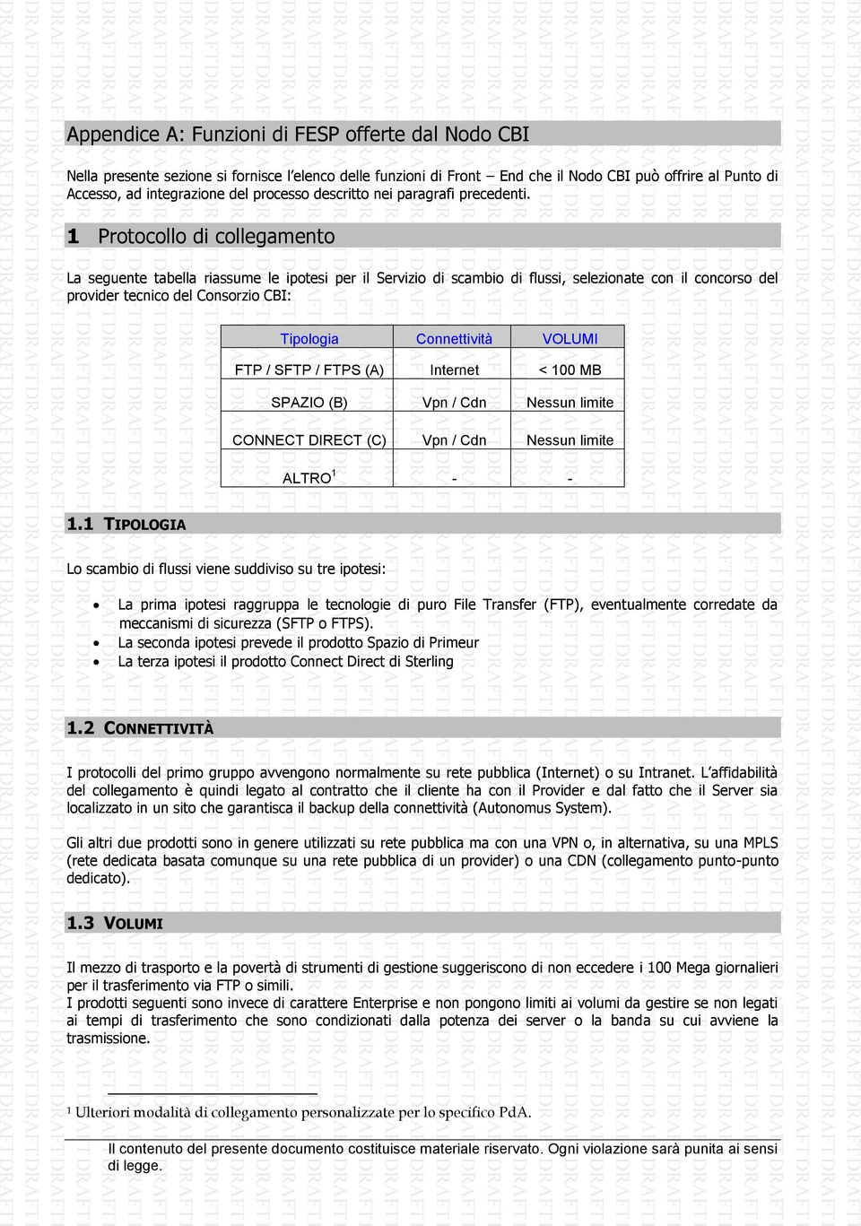 1 Protocollo di collegamento La seguente tabella riassume le ipotesi per il Servizio di scambio di flussi, selezionate con il concorso del provider tecnico del Consorzio CBI: Tipologia Connettività