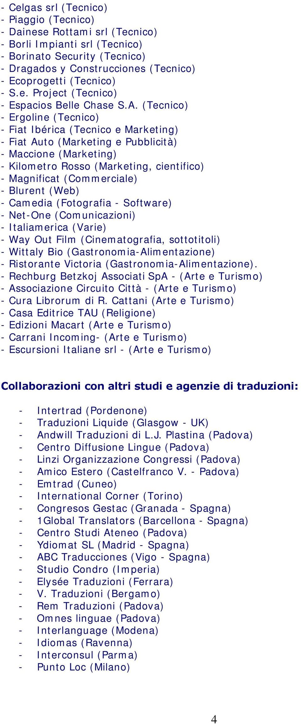 (Tecnico) - Ergoline (Tecnico) - Fiat Ibérica (Tecnico e Marketing) - Fiat Auto (Marketing e Pubblicità) - Maccione (Marketing) - Kilometro Rosso (Marketing, cientifico) - Magnificat (Commerciale) -