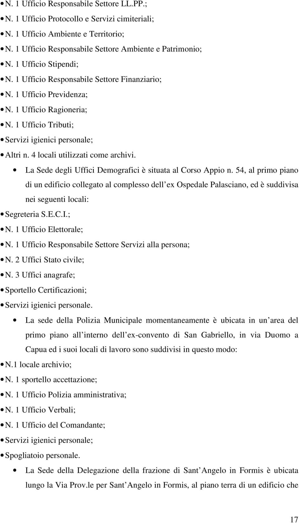 La Sede degli Uffici Demografici è situata al Corso Appio n. 54, al primo piano di un edificio collegato al complesso dell ex Ospedale Palasciano, ed è suddivisa nei seguenti locali: Segreteria S.E.C.I.