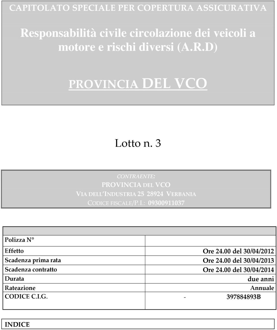 3 CONTRAENTE: PROVINCIA DEL VCO VIA DELL INDUSTRIA 25 28924 VERBANIA CODICE FISCALE/P.I.: 09300911037 Polizza N Effetto Ore 24.