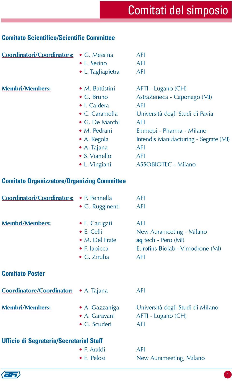 Tajana AFI S. Vianello AFI L. Vingiani Assobiotec - Milano Comitato Organizzatore/Organizing Committee Coordinatori/Coordinators: P. Pennella G. Rugginenti AFI AFI Membri/Members: E. Carugati AFI E.