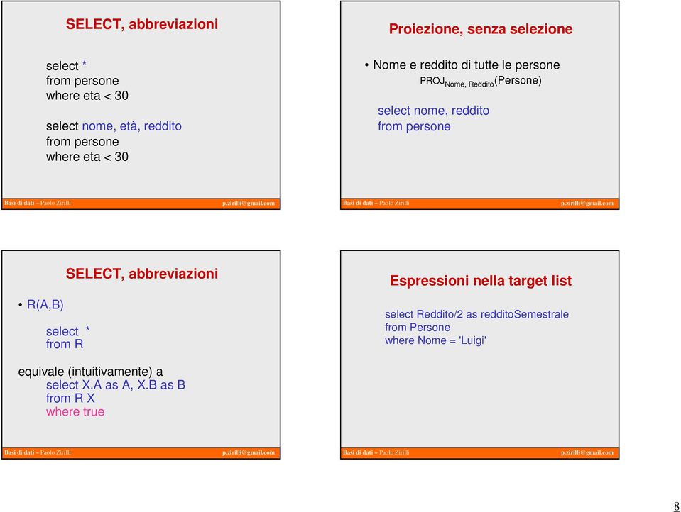 R(A,B) SELECT, abbreviazioni from R Espressioni nella target list select Reddito/2 as