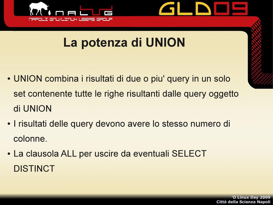 oggetto di UNION I risultati delle query devono avere lo stesso