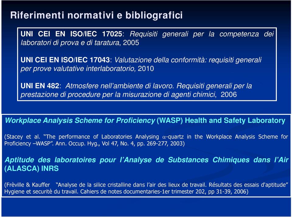 Requisiti generali per la prestazione di procedure per la misurazione di agenti chimici, 2006 Workplace Analysis Scheme for Proficiency (WASP) Health and Safety Laboratory (Stacey et al.