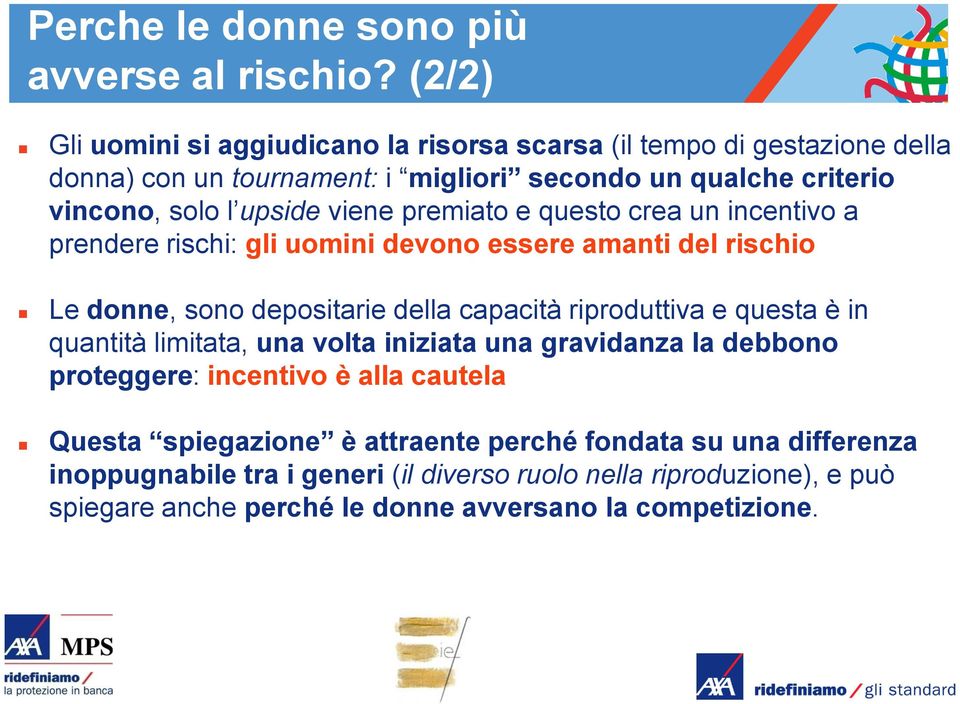 viene premiato e questo crea un incentivo a prendere rischi: gli uomini devono essere amanti del rischio Le donne, sono depositarie della capacità riproduttiva e questa è