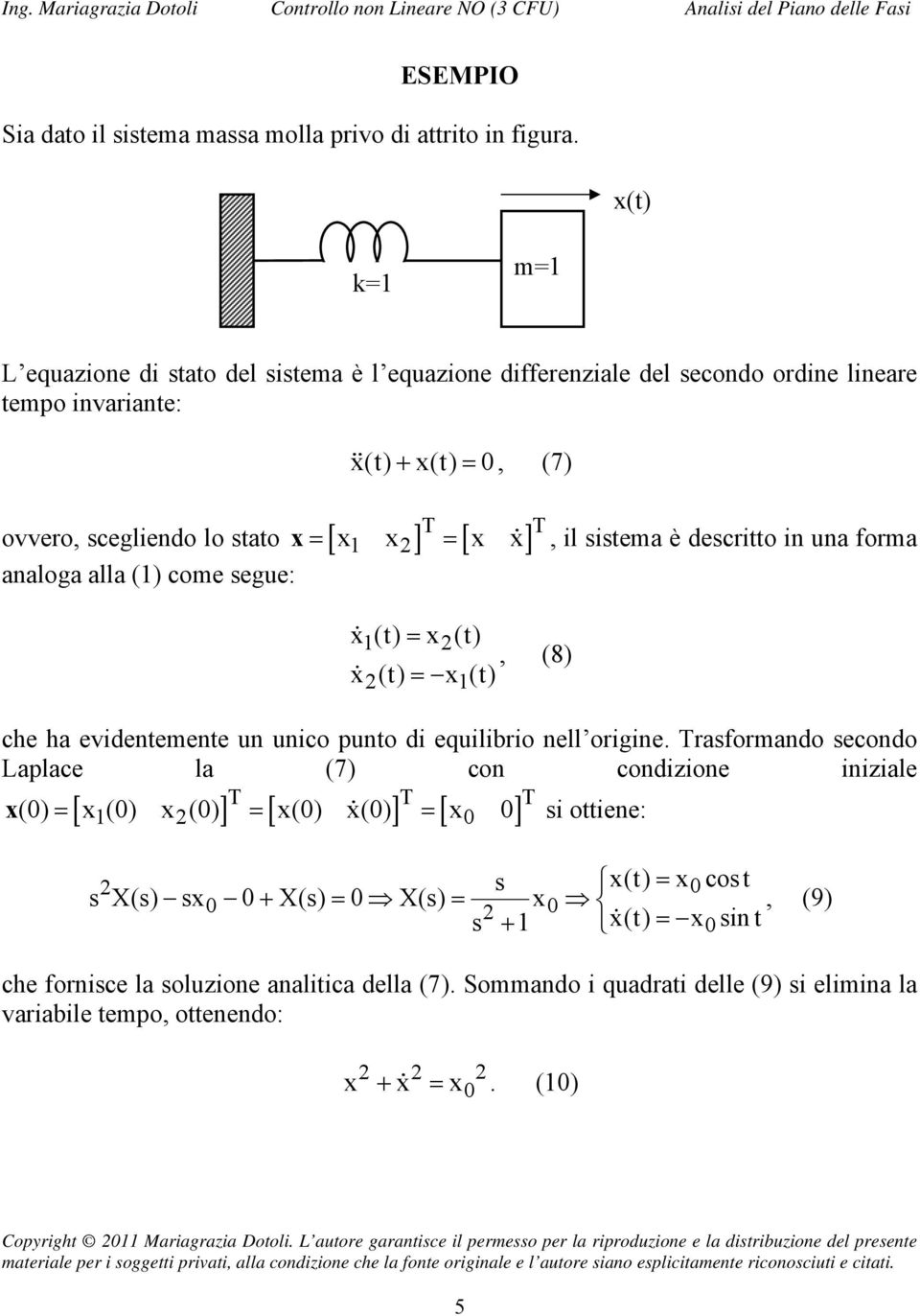 sistema è descritto in una forma analoga alla () come segue: x(t) = x (t), (8) x (t) = x (t) che ha evidentemente un unico punto di equilibrio nell origine.