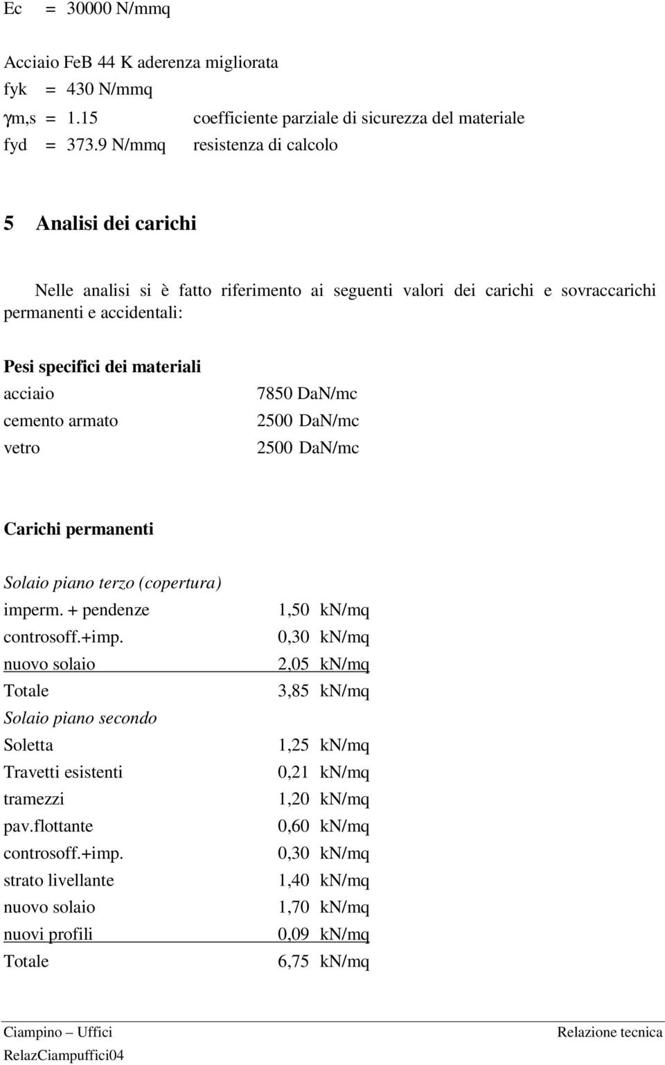 acciaio cemento armato vetro 7850 DaN/mc 2500 DaN/mc 2500 DaN/mc Carichi permanenti Solaio piano terzo (copertura) imperm. + pendenze controsoff.+imp.