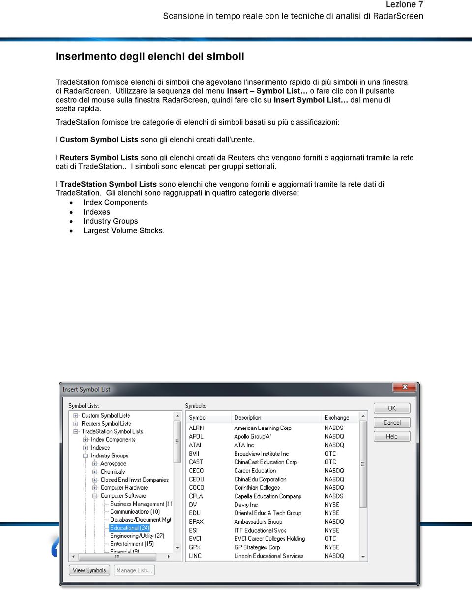 TradeStation fornisce tre categorie di elenchi di simboli basati su più classificazioni: I Custom Symbol Lists sono gli elenchi creati dall utente.