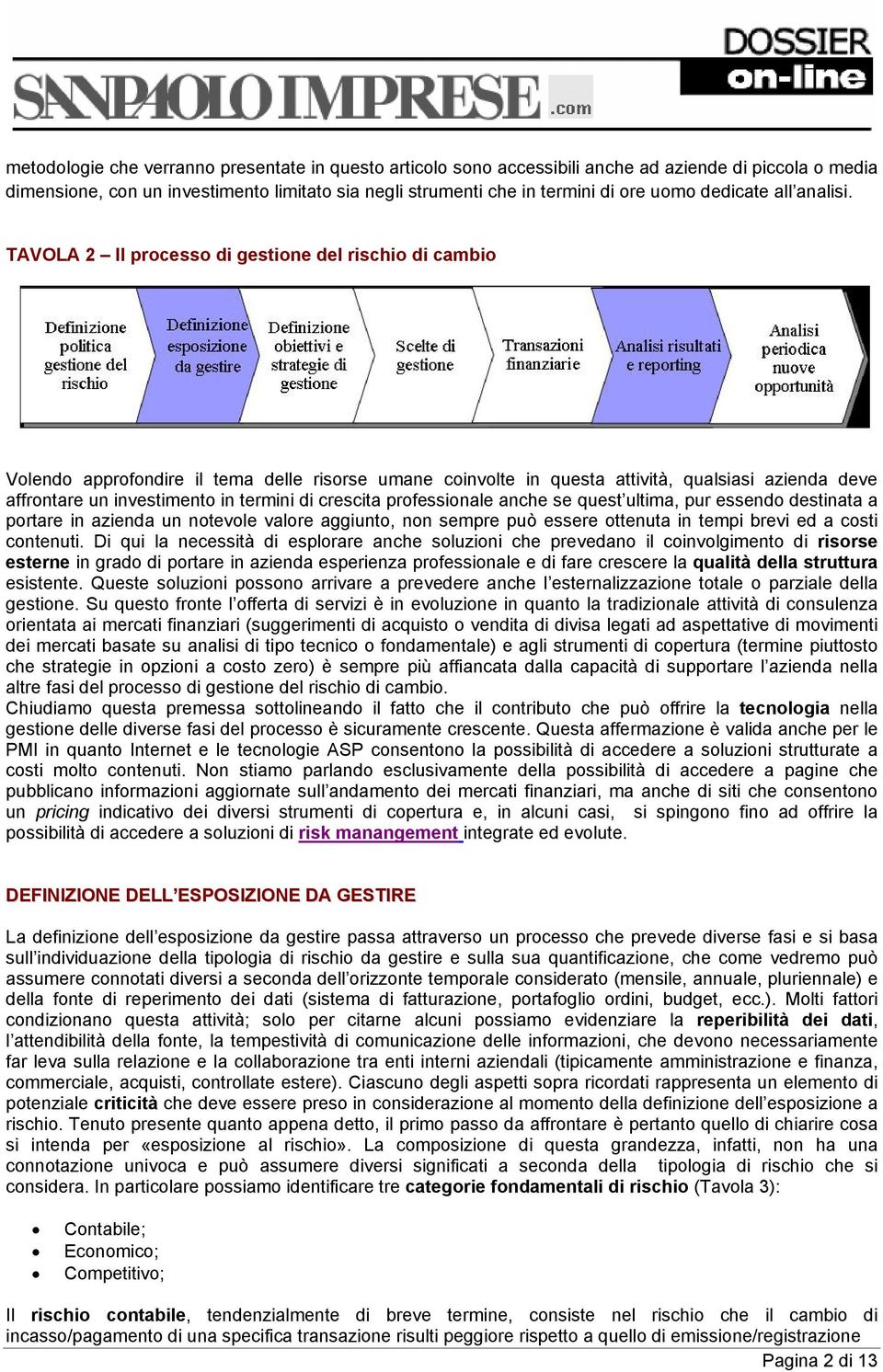 TAVOLA 2 Il processo di gestione del rischio di cambio Volendo approfondire il tema delle risorse umane coinvolte in questa attività, qualsiasi azienda deve affrontare un investimento in termini di