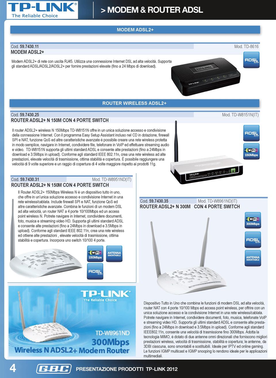 TD-W8151N(IT) ROUTER ADSL2+ N 150M CON 4 PORTE SWITCH Il router ADSL2+ wireless N 150Mbps TD-W8151N offre in un unica soluzione accesso e condivisione della connessione Internet.