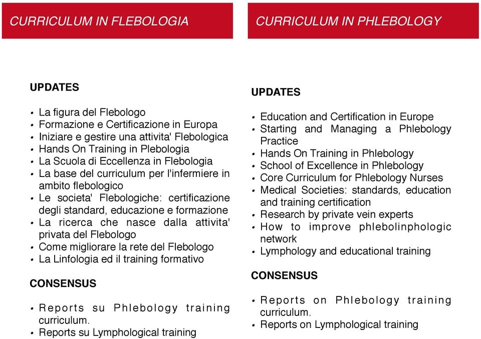 del Flebologo Come migliorare la rete del Flebologo La Linfologia ed il training formativo CONSENSUS R e p o r t s s u P h l e b o l o g y t r a i n i n g curriculum.