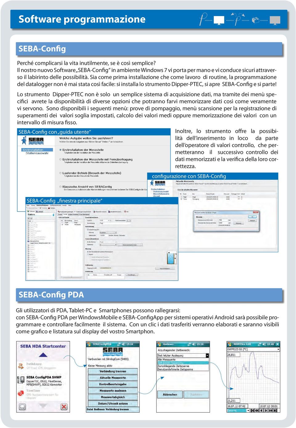 Sia come prima installazione che come lavoro di routine, la programmazione del datalogger non è mai stata così facile: si installa lo strumento Dipper-PTEC, si apre SEBA-Config e si parte!