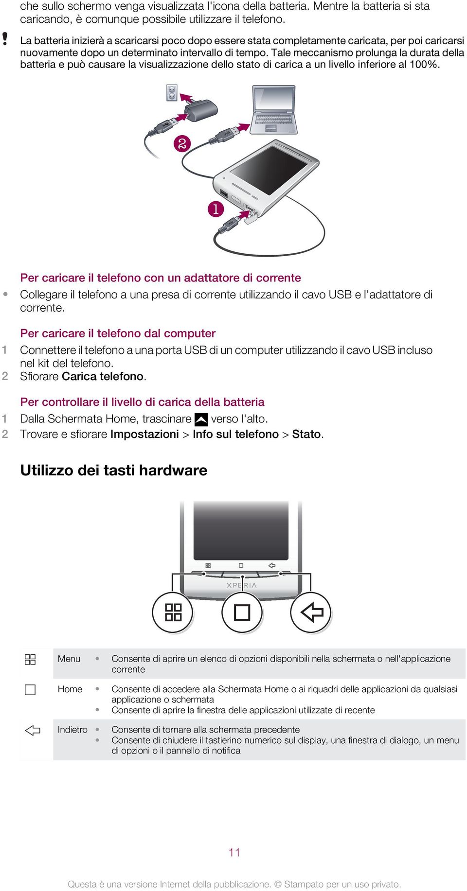 Tale meccanismo prolunga la durata della batteria e può causare la visualizzazione dello stato di carica a un livello inferiore al 100%.