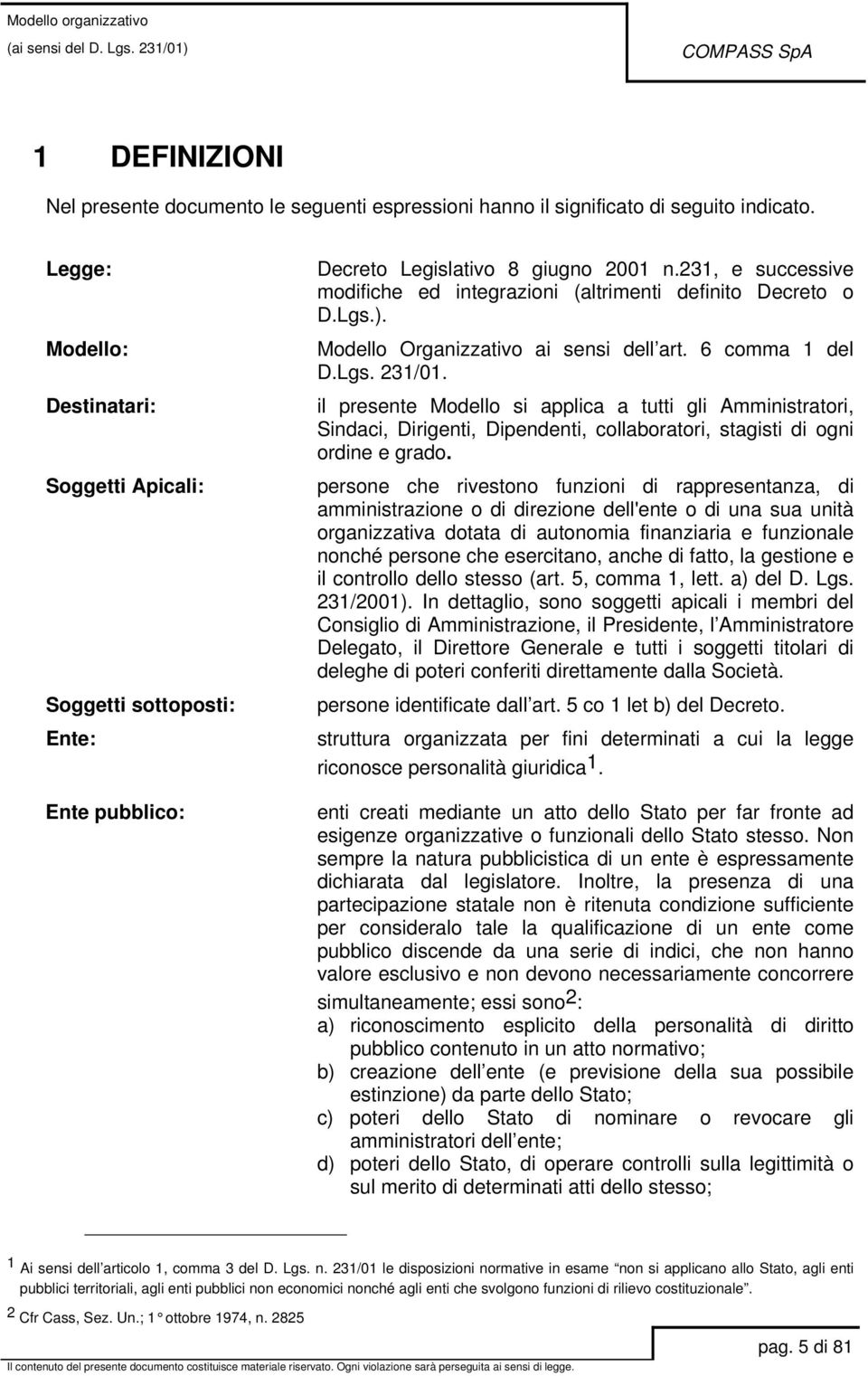 231, e successive modifiche ed integrazioni (altrimenti definito Decreto o D.Lgs.). Modello Organizzativo ai sensi dell art. 6 comma 1 del D.Lgs. 231/01.