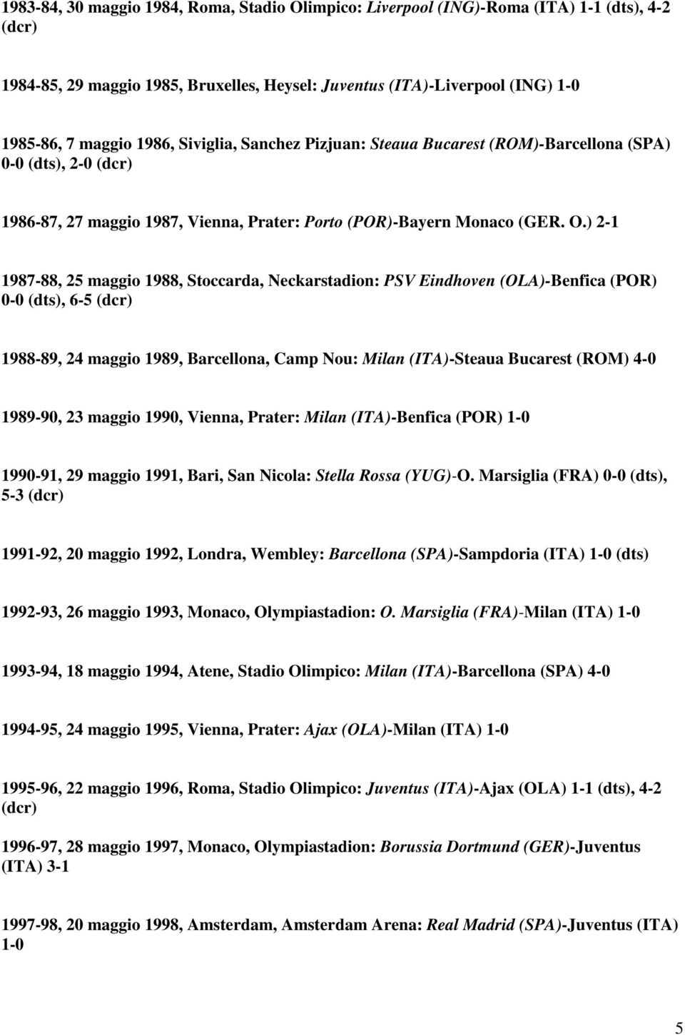 2-1 1987-88, 25 maggio 1988, Stoccarda, Neckarstadion: PSV Eindhoven OLA-Benfica POR 0-0 dts, 6-5 dcr 1988-89, 24 maggio 1989, Barcellona, Camp Nou: Milan ITA-Steaua Bucarest ROM 4-0 1989-90, 23