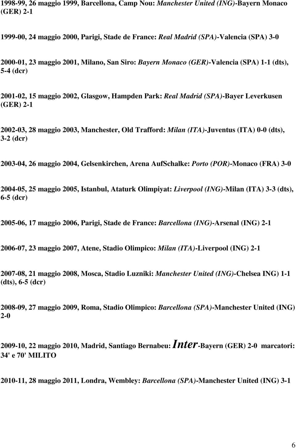 Trafford: Milan ITA-Juventus ITA 0-0 dts, 3-2 dcr 2003-04, 26 maggio 2004, Gelsenkirchen, Arena AufSchalke: Porto POR-Monaco FRA 3-0 2004-05, 25 maggio 2005, Istanbul, Ataturk Olimpiyat: Liverpool