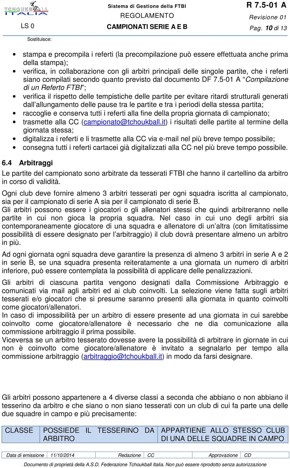 5-01 A Compilazione di un Referto FTBI ; verifica il rispetto delle tempistiche delle partite per evitare ritardi strutturali generati dall allungamento delle pause tra le partite e tra i periodi