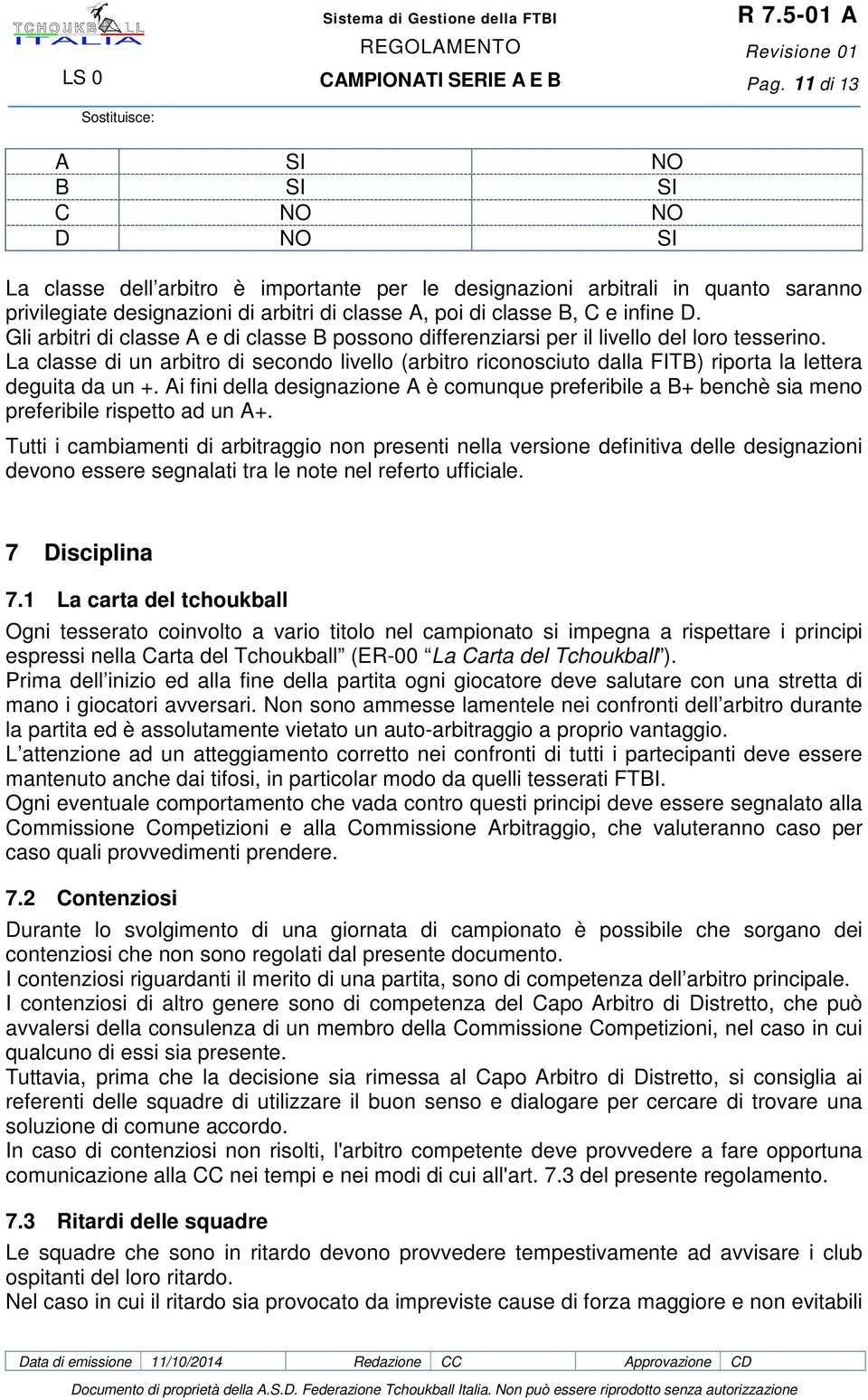 La classe di un arbitro di secondo livello (arbitro riconosciuto dalla FITB) riporta la lettera deguita da un +.