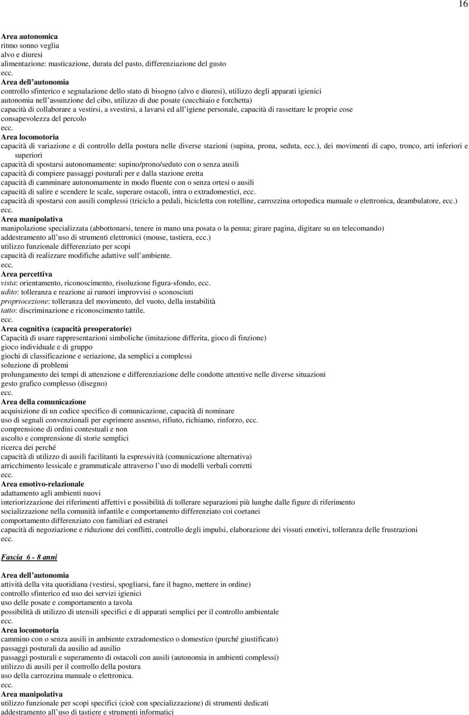 lavarsi ed all igiene personale, capacità di rassettare le proprie cose consapevolezza del percolo Area locomotoria capacità di variazione e di controllo della postura nelle diverse stazioni (supina,