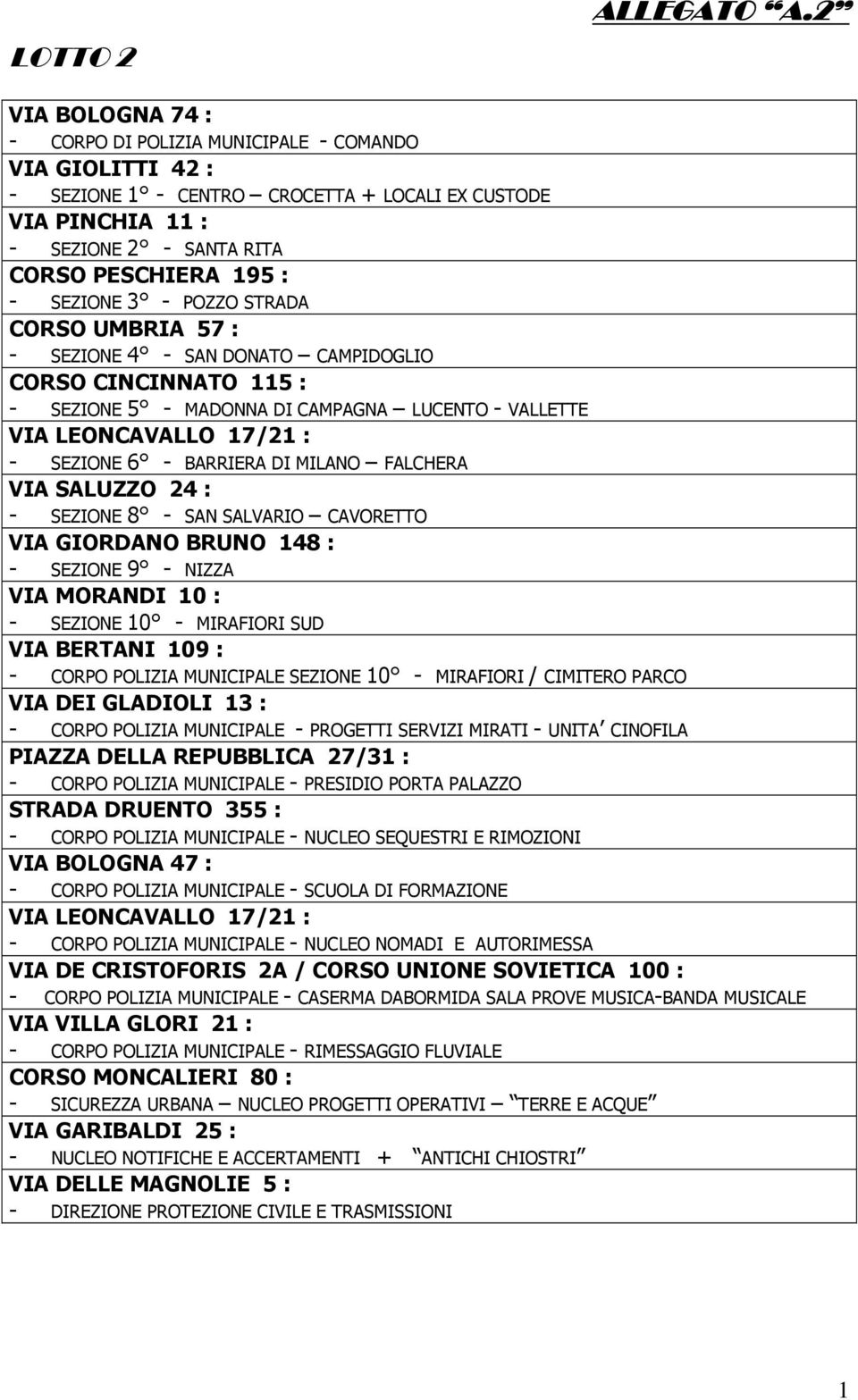 SEZIONE 3 - POZZO STRADA CORSO UMBRIA 57 : - SEZIONE 4 - SAN DONATO CAMPIDOGLIO CORSO CINCINNATO 115 : - SEZIONE 5 - MADONNA DI CAMPAGNA LUCENTO - VALLETTE - SEZIONE 6 - BARRIERA DI MILANO FALCHERA