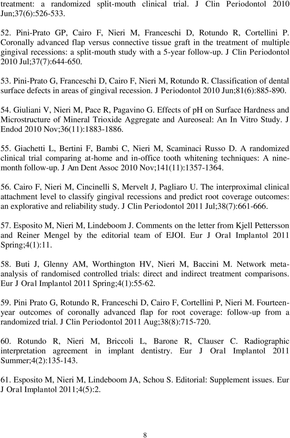 Pini-Prato G, Franceschi D, Cairo F, Nieri M, Rotundo R. Classification of dental surface defects in areas of gingival recession. J Periodontol 2010 Jun;81(6):885-890. 54.