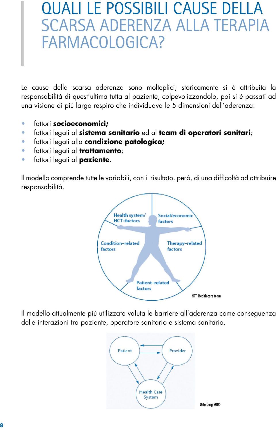 respiro che individuava le 5 dimensioni dell aderenza: fattori socioeconomici; fattori legati al sistema sanitario ed al team di operatori sanitari; fattori legati alla condizione patologica; fattori