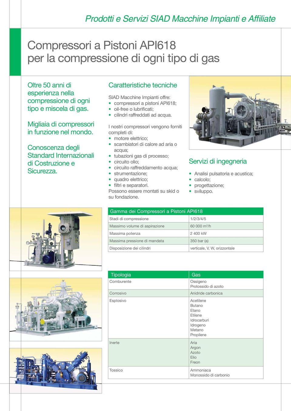 Caratteristiche tecniche SIAD Macchine Impianti offre: compressori a pistoni API618; oil-free o lubrificati; cilindri raffreddati ad acqua.