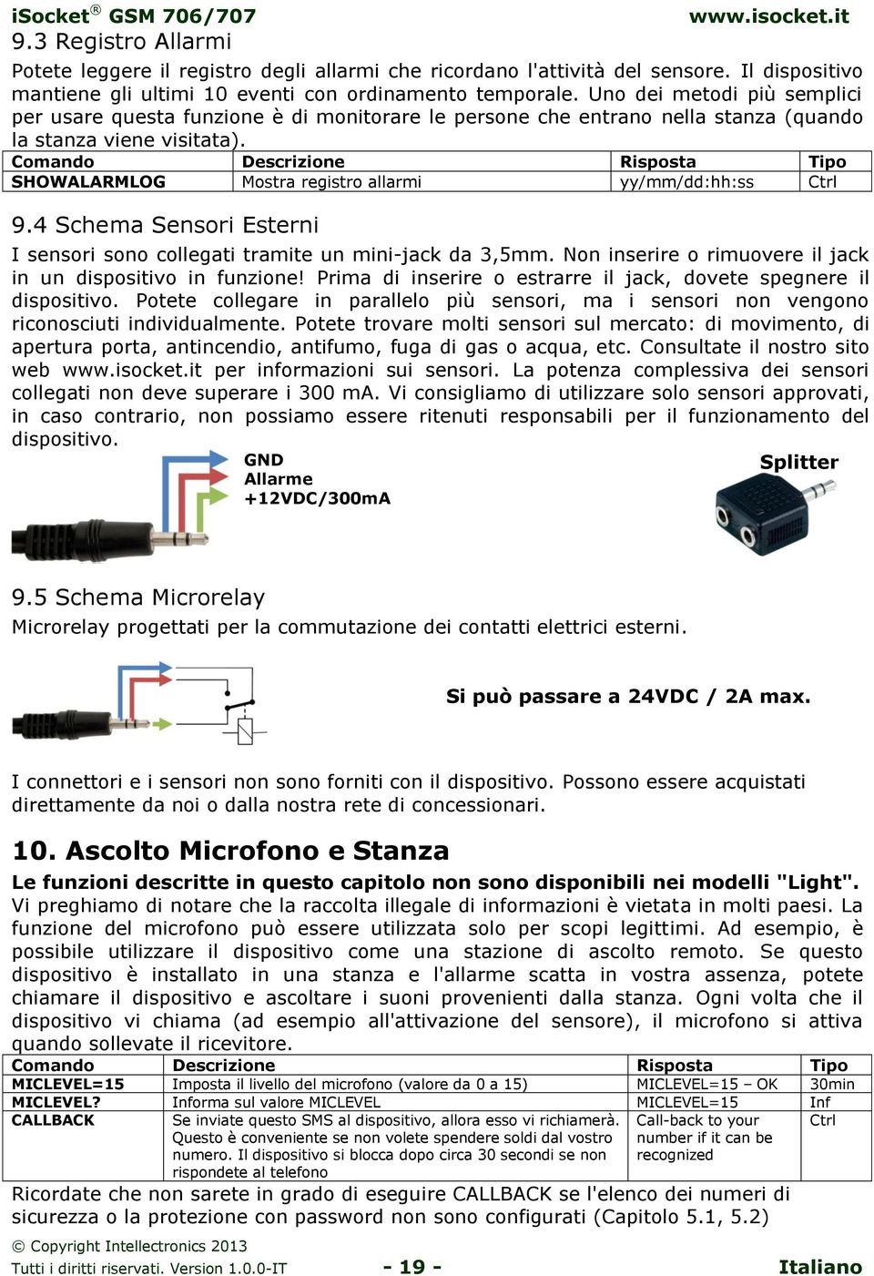 4 Schema Sensori Esterni I sensori sono collegati tramite un mini-jack da 3,5mm. Non inserire o rimuovere il jack in un dispositivo in funzione!