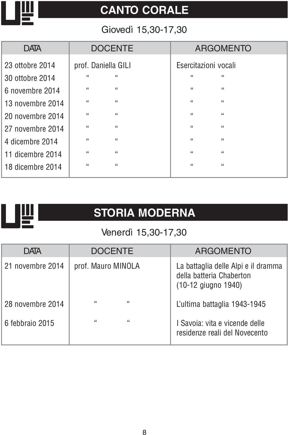 dicembre 2014 11 dicembre 2014 18 dicembre 2014 STORIA MODERNA Venerdì 15,30-17,30 21 novembre 2014 prof.