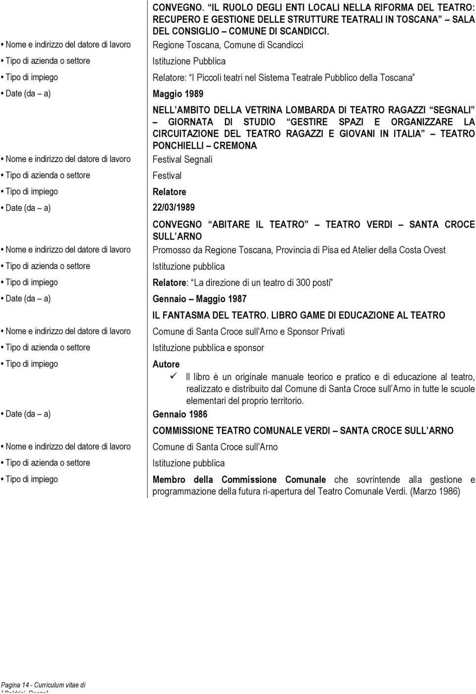 SEGNALI GIORNATA DI STUDIO GESTIRE SPAZI E ORGANIZZARE LA CIRCUITAZIONE DEL TEATRO RAGAZZI E GIOVANI IN ITALIA TEATRO PONCHIELLI CREMONA Festival Segnali Festival Relatore 22/03/1989 CONVEGNO ABITARE