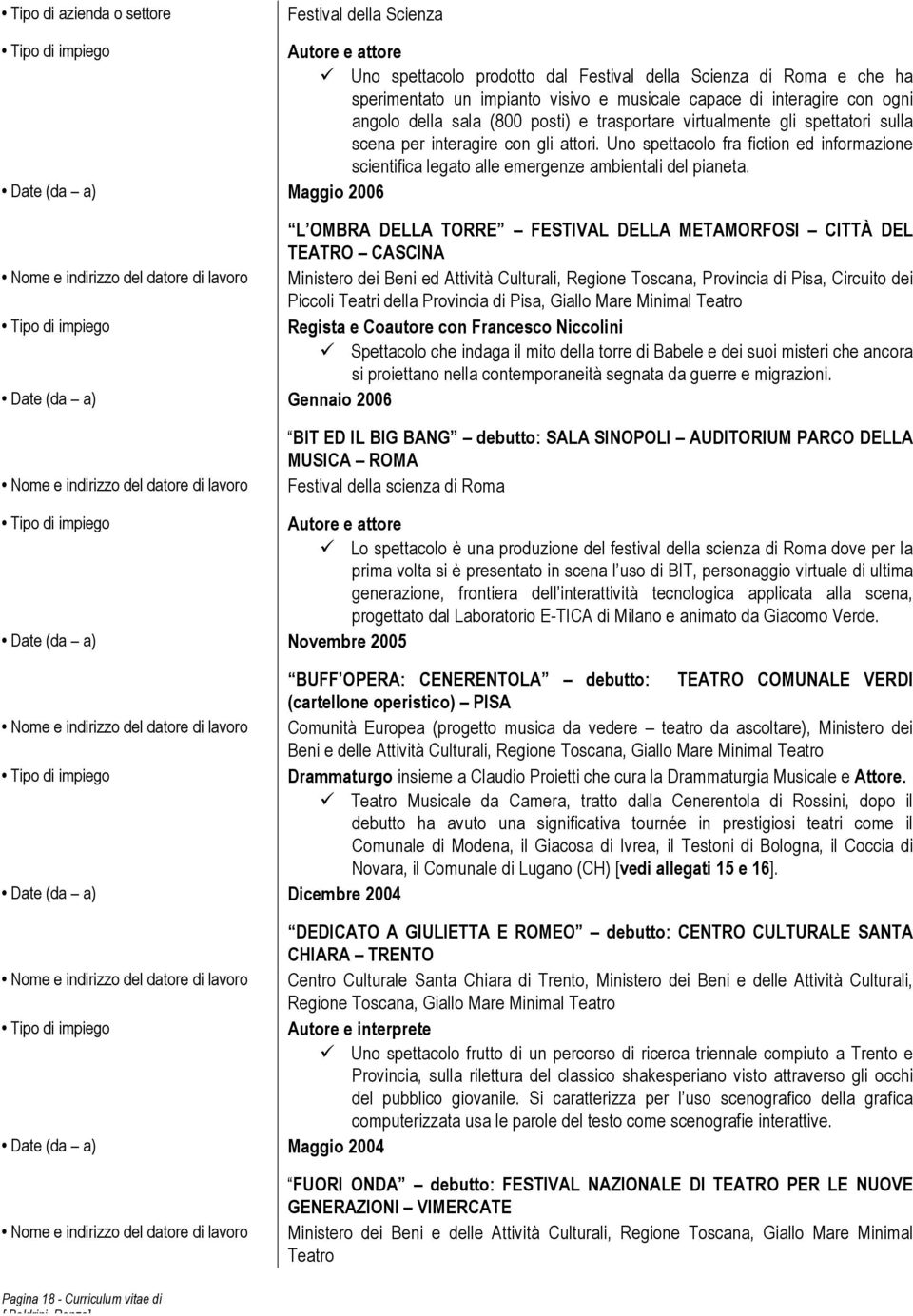 Maggio 2006 L OMBRA DELLA TORRE FESTIVAL DELLA METAMORFOSI CITTÀ DEL TEATRO CASCINA Ministero dei Beni ed Attività Culturali, Regione Toscana, Provincia di Pisa, Circuito dei Piccoli Teatri della