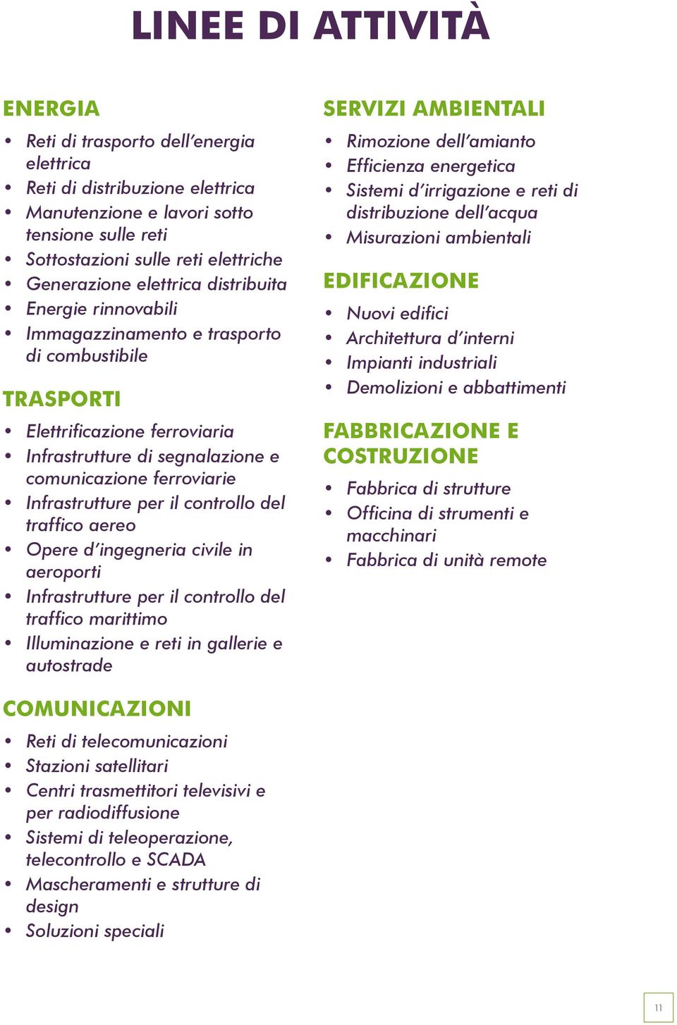 per il controllo del traffico aereo Opere d ingegneria civile in aeroporti Infrastrutture per il controllo del traffico marittimo Illuminazione e reti in gallerie e autostrade SERVIZI AMBIENTALI