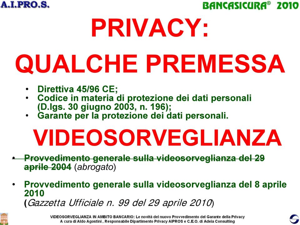 VIDEOSORVEGLIANZA Provvedimento generale sulla videosorveglianza del 29 aprile 2004 (abrogato)