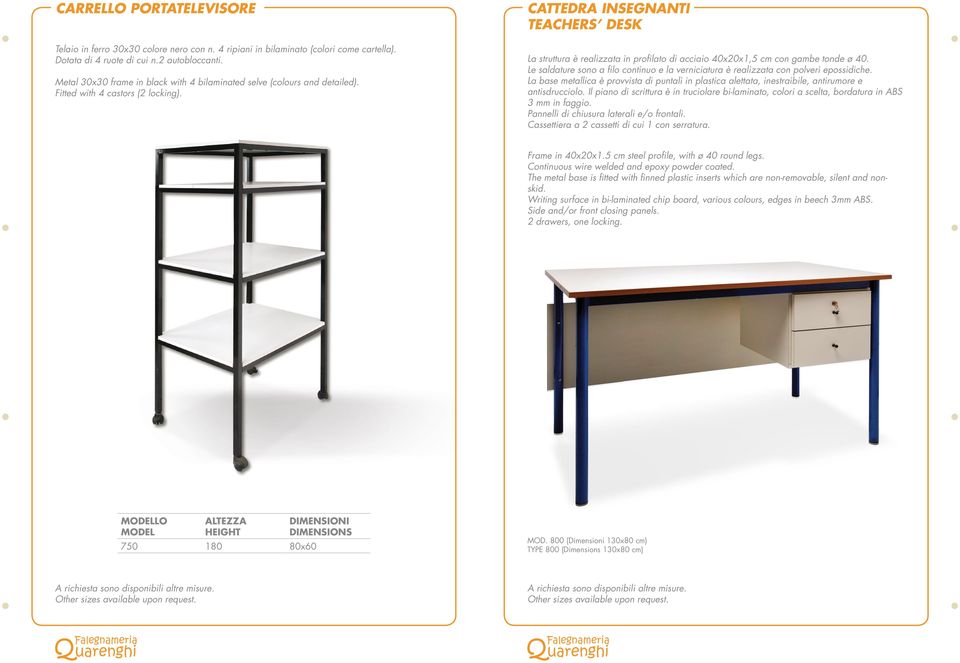 CATTEDRA INSEGNANTI TEACHERS DESK La struttura è realizzata in profilato di acciaio 40x20x1,5 cm con gambe tonde ø 40.