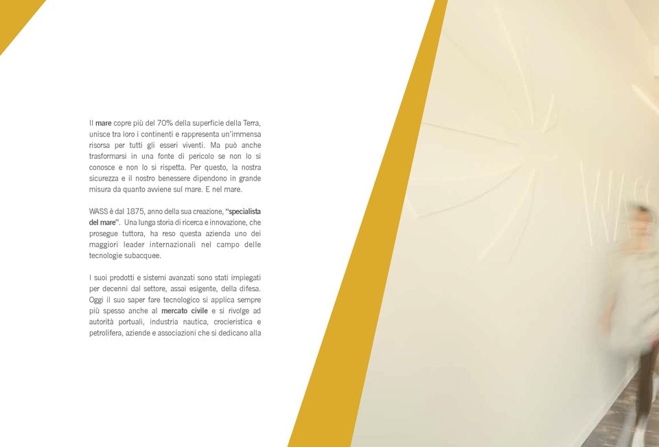 Per questo, la nostra sicurezza e il nostro benessere dipendono in grande misura da quanto avviene sul mare. E nel mare. WASS è dal 1875, anno della sua creazione, specialista del mare.