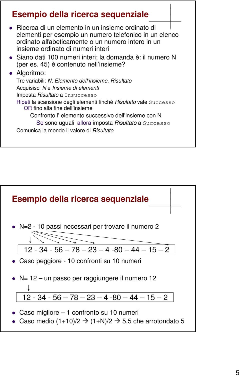 Algoritmo: Tre variabili: N; Elemento dell insieme, Risultato Acquisisci N e Insieme di elementi Imposta Risultato a Insuccesso Ripeti la scansione degli elementi finchè Risultato vale Successo OR