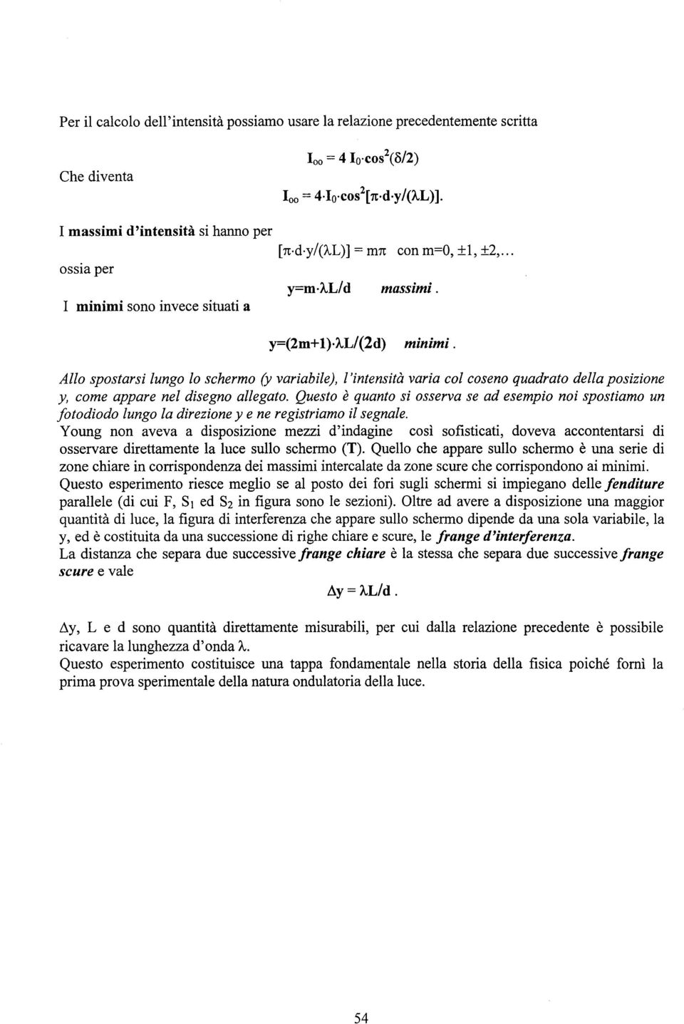 Allo spostarsi lungo lo schermo 6; variabile), l'intensità varia col coseno quadrato della posizione y, come appare nel disegno allegato.