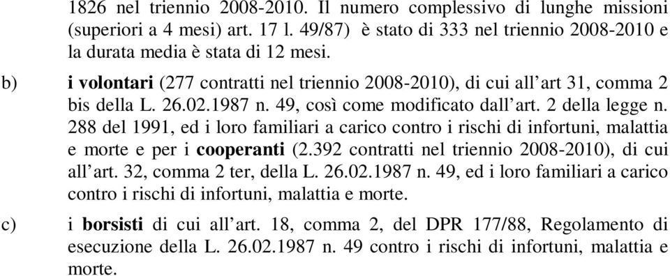 288 del 1991, ed i loro familiari a carico contro i rischi di infortuni, malattia e morte e per i cooperanti (2.392 contratti nel triennio 2008-2010), di cui all art. 32, comma 2 ter, della L. 26.