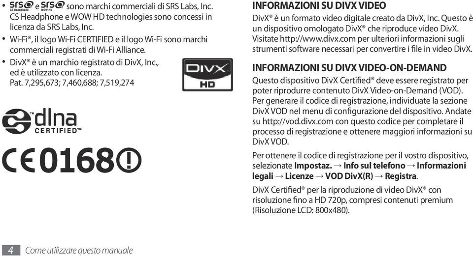 7,295,673; 7,460,688; 7,519,274 INFORMAZIONI SU DIVX VIDEO DivX è un formato video digitale creato da DivX, Inc. Questo è un dispositivo omologato DivX che riproduce video DivX. Visitate http://www.