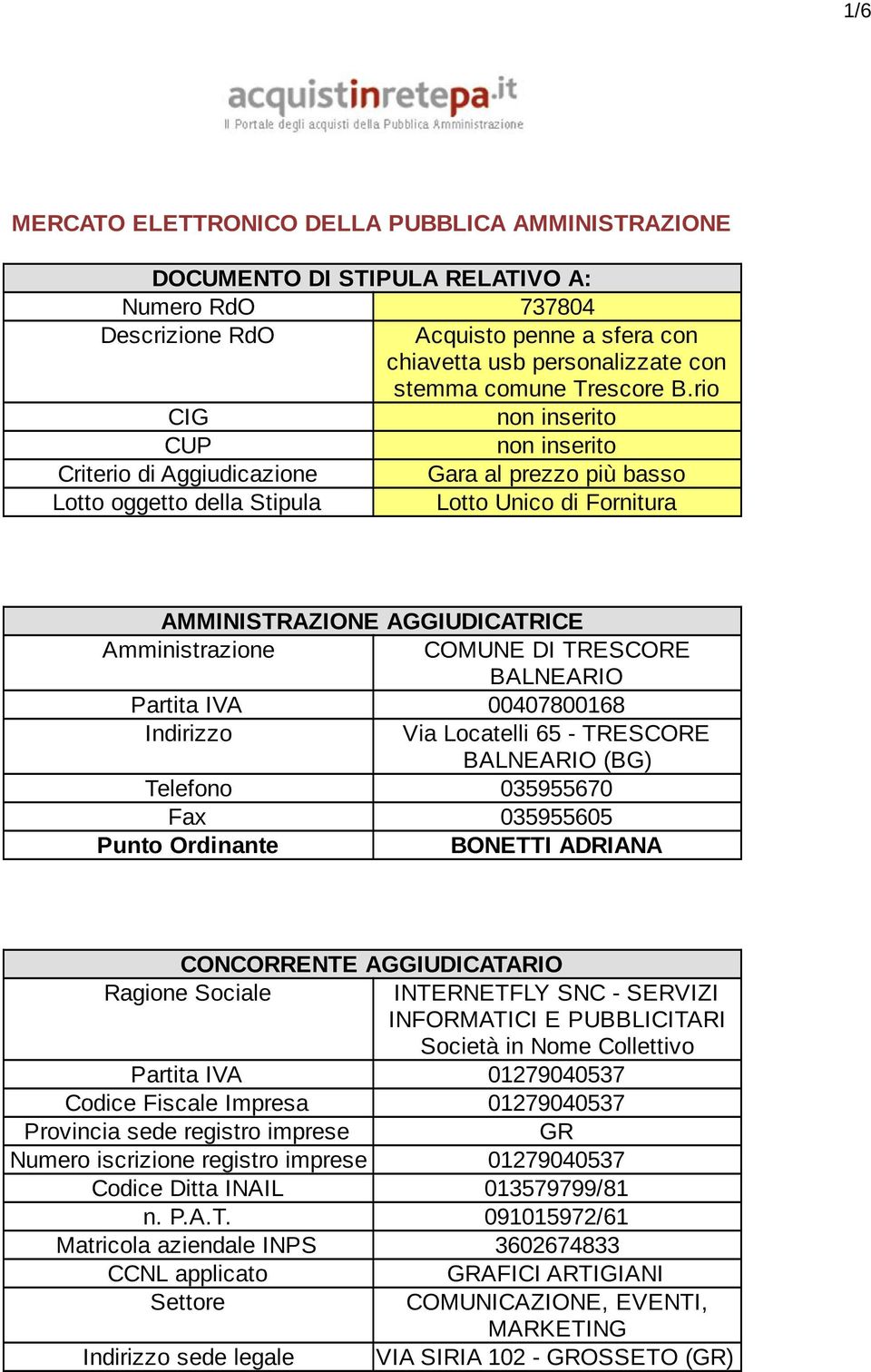 rio CIG non inserito CUP non inserito Criterio di Aggiudicazione Gara al prezzo più basso Lotto oggetto della Stipula Lotto Unico di Fornitura AMMINISTRAZIONE AGGIUDICATRICE Amministrazione COMUNE DI