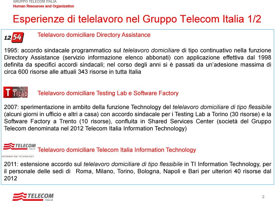 da un adesione massima di circa 600 risorse alle attuali 343 risorse in tutta Italia Telelavoro domiciliare Testing Lab e Software Factory 2007: sperimentazione in ambito della funzione Technology