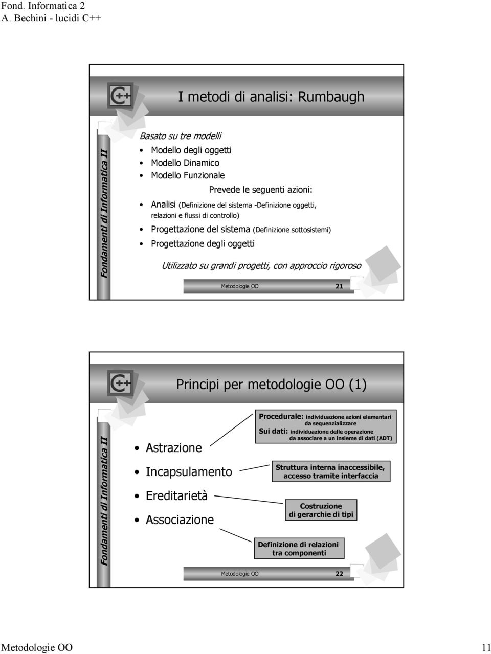 per metodologie OO (1) Astrazione Incapsulamento Ereditarietà Associazione Procedurale: individuazione azioni elementari da sequenzializzare Sui dati: individuazione delle operazione da