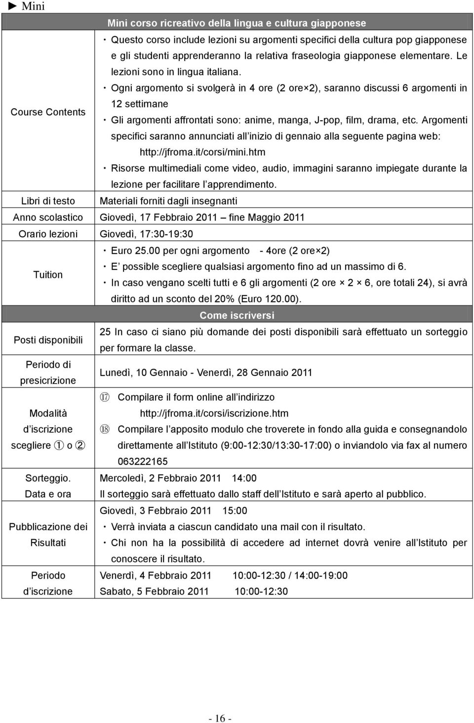 Ogni argomento si svolgerà in 4 ore (2 ore 2), saranno discussi 6 argomenti in Course Contents 12 settimane Gli argomenti affrontati sono: anime, manga, J-pop, film, drama, etc.