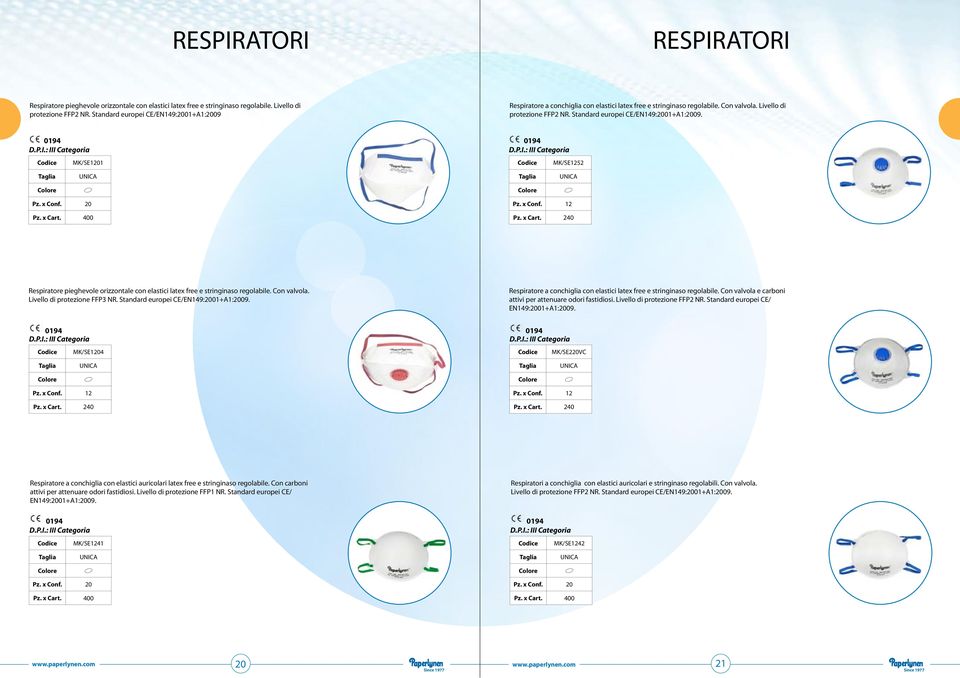 094 K/E 094 K/E252 400 2 240 Respiratore pieghevole orizzontale con elastici latex free e stringinaso regolabile. Con valvola. ivello di protezione FFP3 NR. tandard europei CE/EN49:0+A:09.