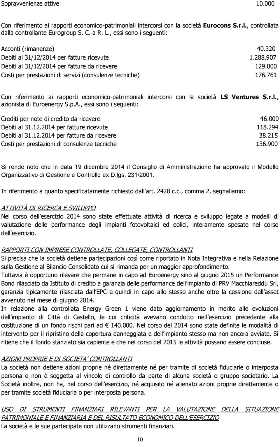 000 Costi per prestazioni di servizi (consulenze tecniche) 176.761 Con riferimento ai rapporti economico-patrimoniali intercorsi con la società LS Ventures S.r.l., azionista di Euroenergy S.p.A.