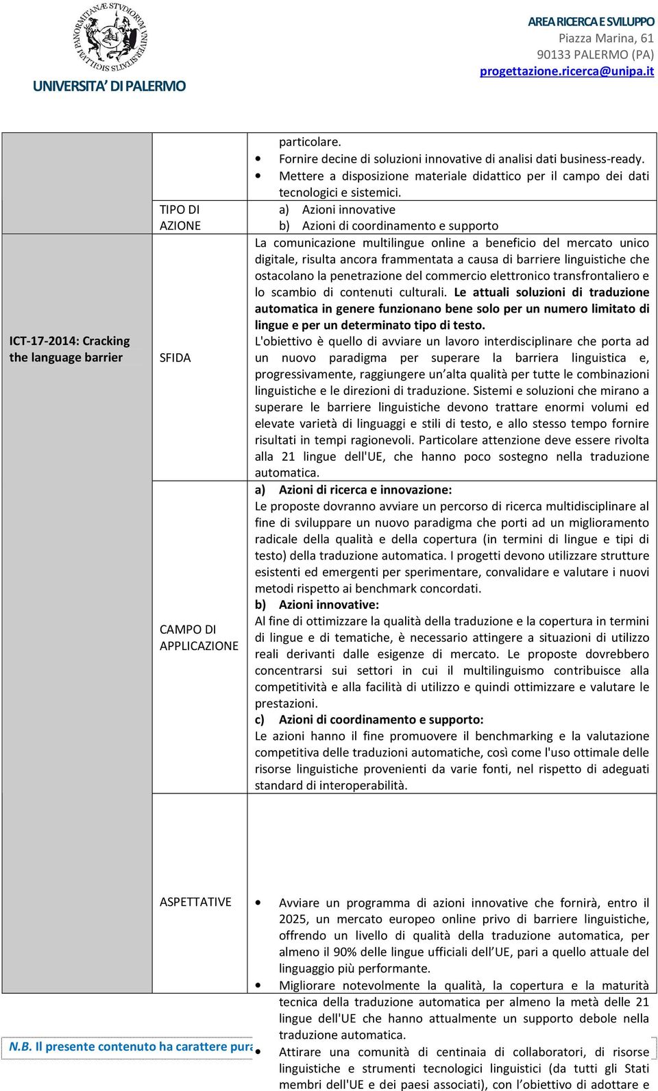 a) Azioni innovative b) Azioni di coordinamento e supporto La comunicazione multilingue online a beneficio del mercato unico digitale, risulta ancora frammentata a causa di barriere linguistiche che