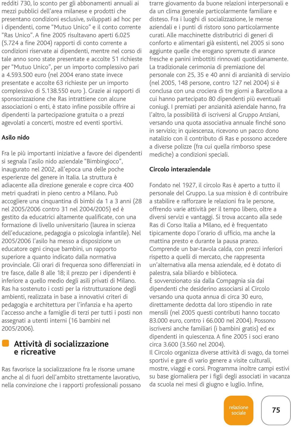 724 a fine 2004) rapporti di conto corrente a condizioni riservate ai dipendenti, mentre nel corso di tale anno sono state presentate e accolte 51 richieste per Mutuo Unico, per un importo