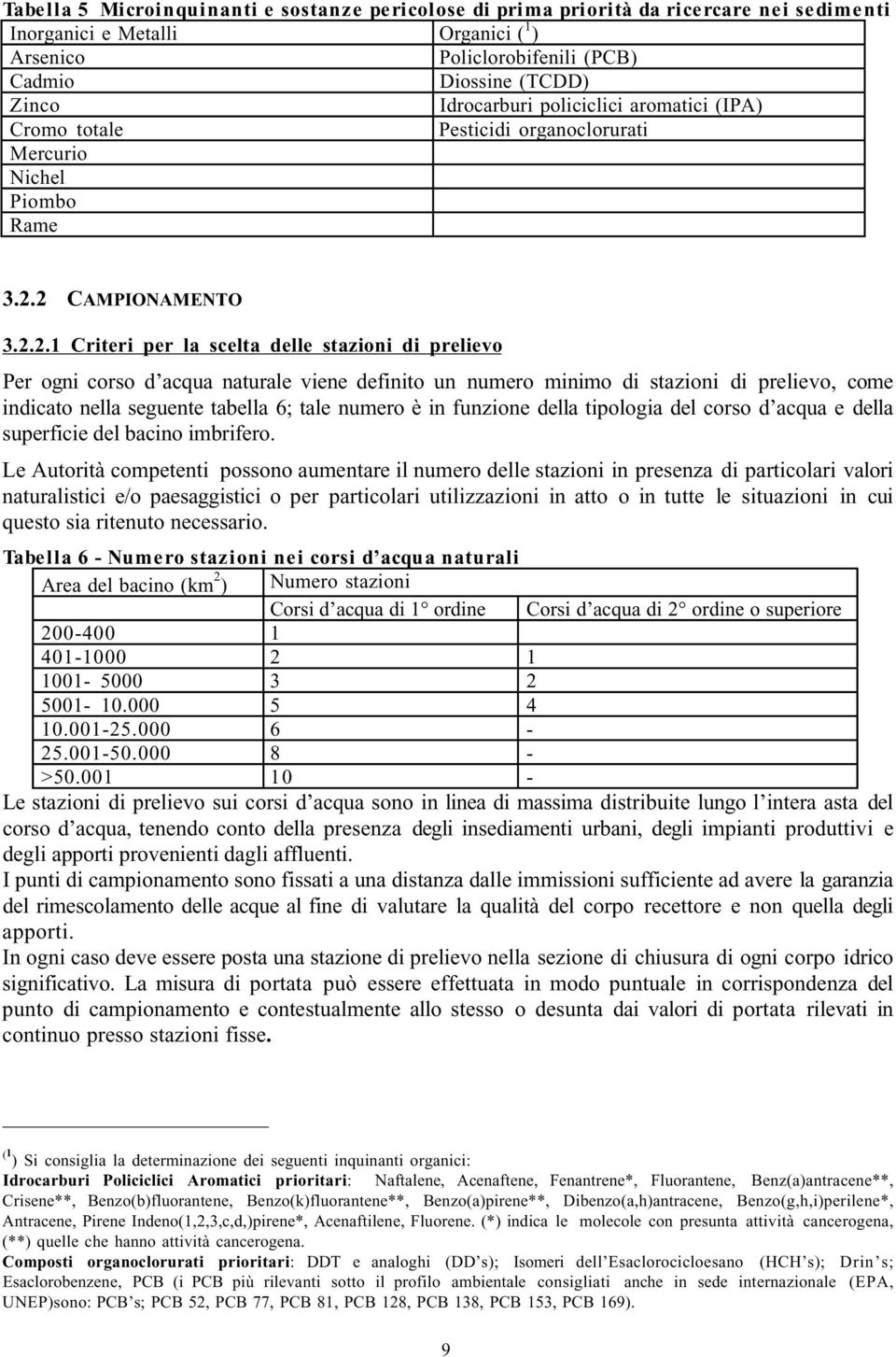 2 CAMPIONAMENTO 3.2.2.1 Criteri per la scelta delle stazioni di prelievo Per ogni corso d acqua naturale viene definito un numero minimo di stazioni di prelievo, come indicato nella seguente tabella