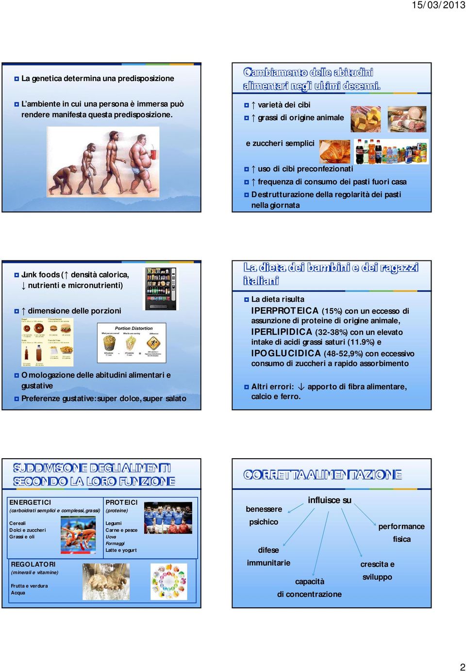 foods ( densità calorica, nutrienti e micronutrienti) dimensione delle porzioni Omologazione delle abitudini alimentari e gustative Preferenze gustative: super dolce, super salato La dieta dei